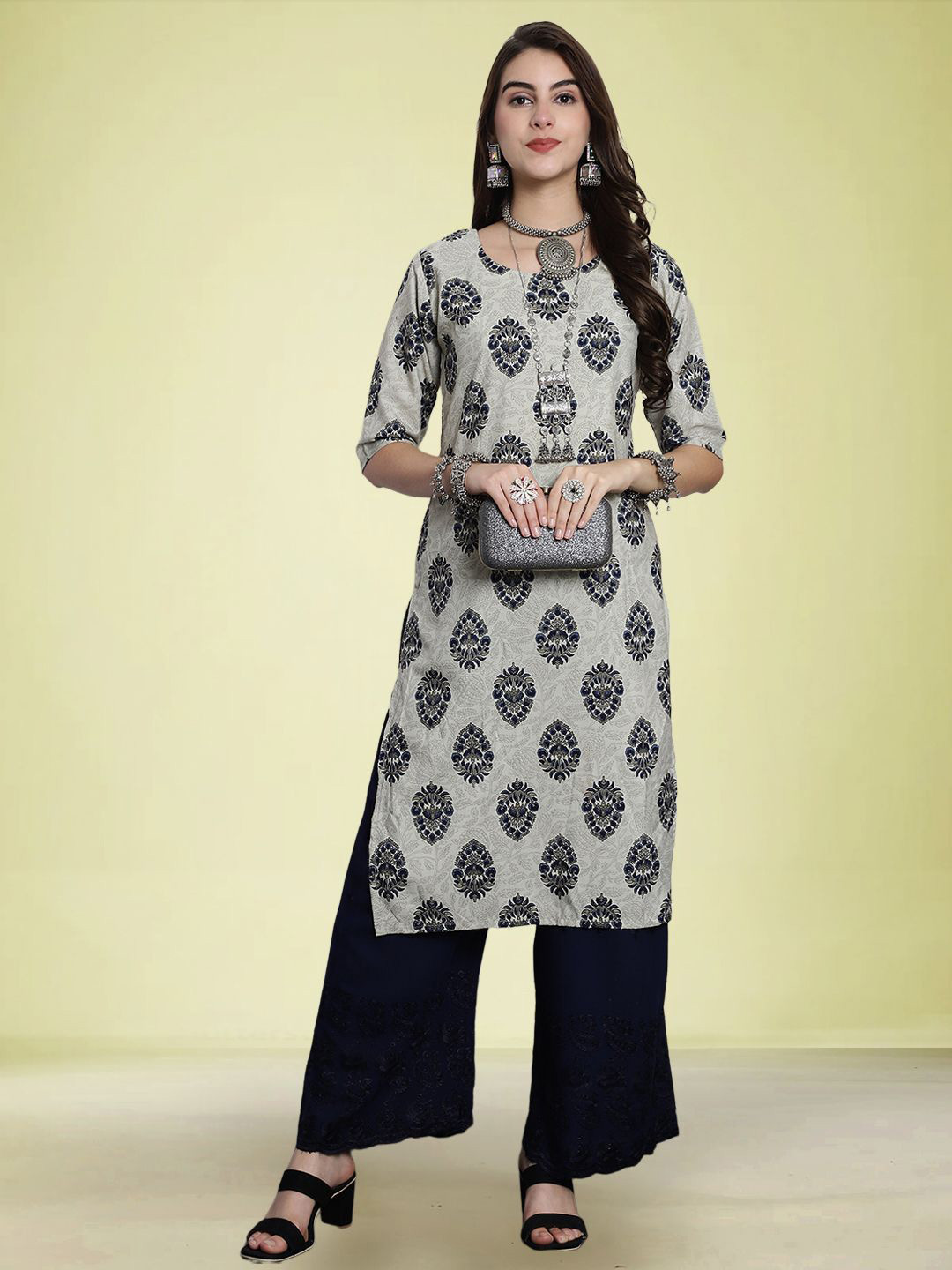 

Moda Rapido Floral Printed Round Neck Straight Kurta, Grey
