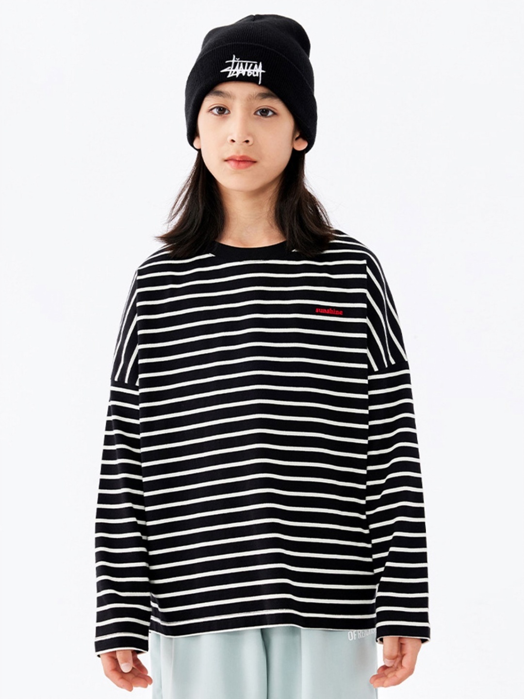 

LULU & SKY Girls Striped Drop-Shoulder Sleeves Monochrome T-shirt, Multi