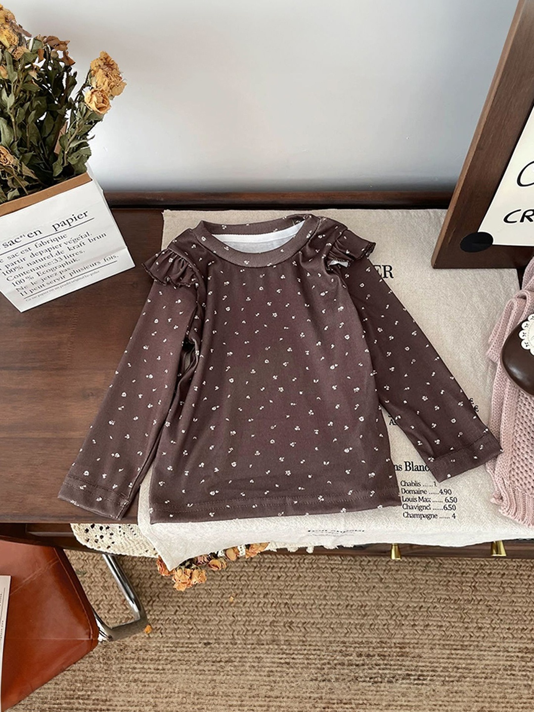 

LULU & SKY Girls Abstract Printed Ruffles Top, Brown