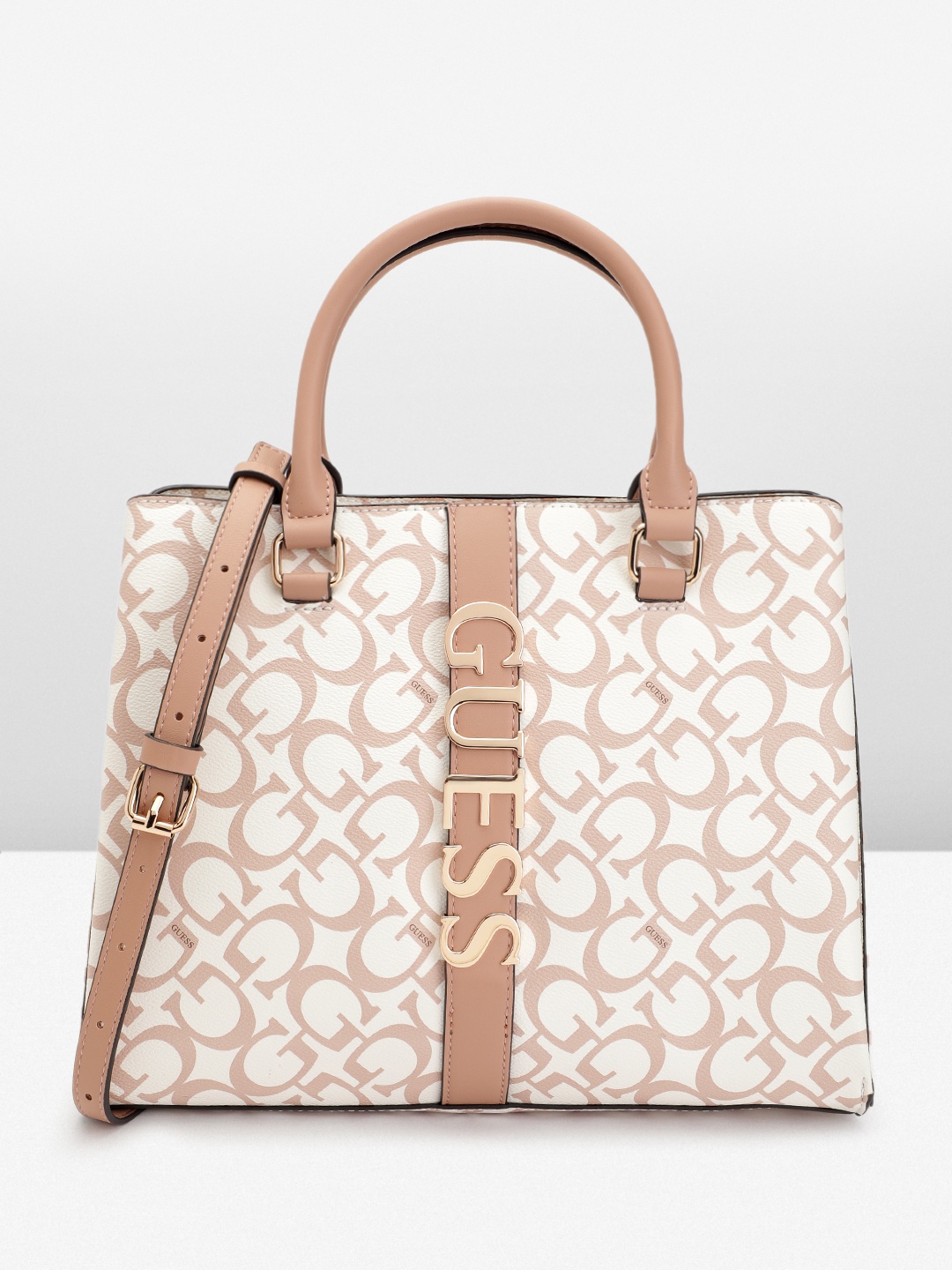 

GUESS Printed Structured Handheld Bag, Beige
