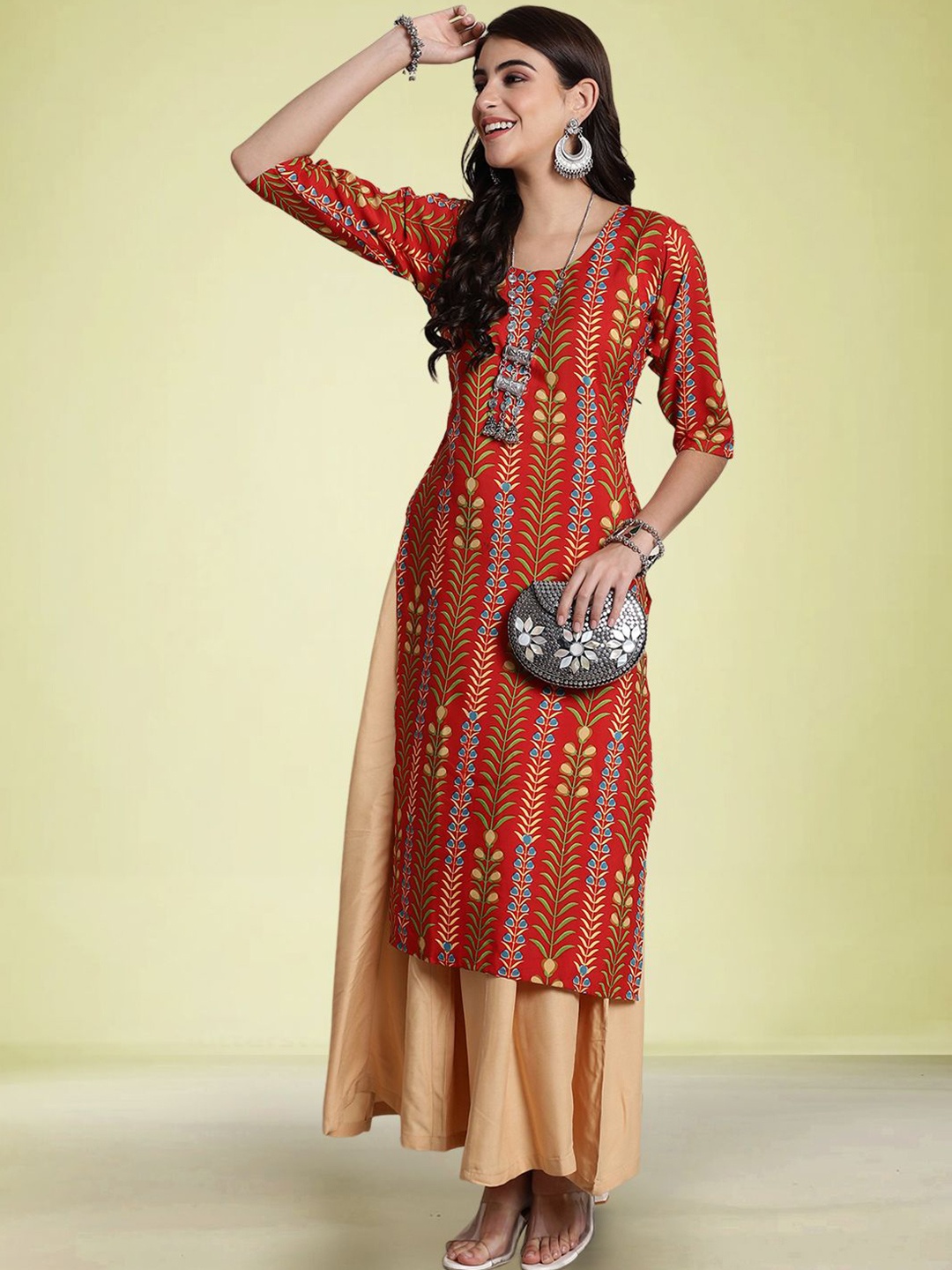 

Moda Rapido Ethnic Motifs Printed Round Neck Straight Kurtas, Red