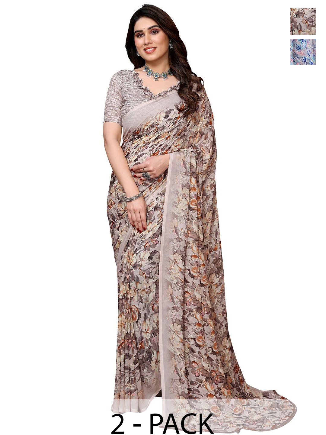 

Moda Rapido Floral Poly Georgette Saree, Brown