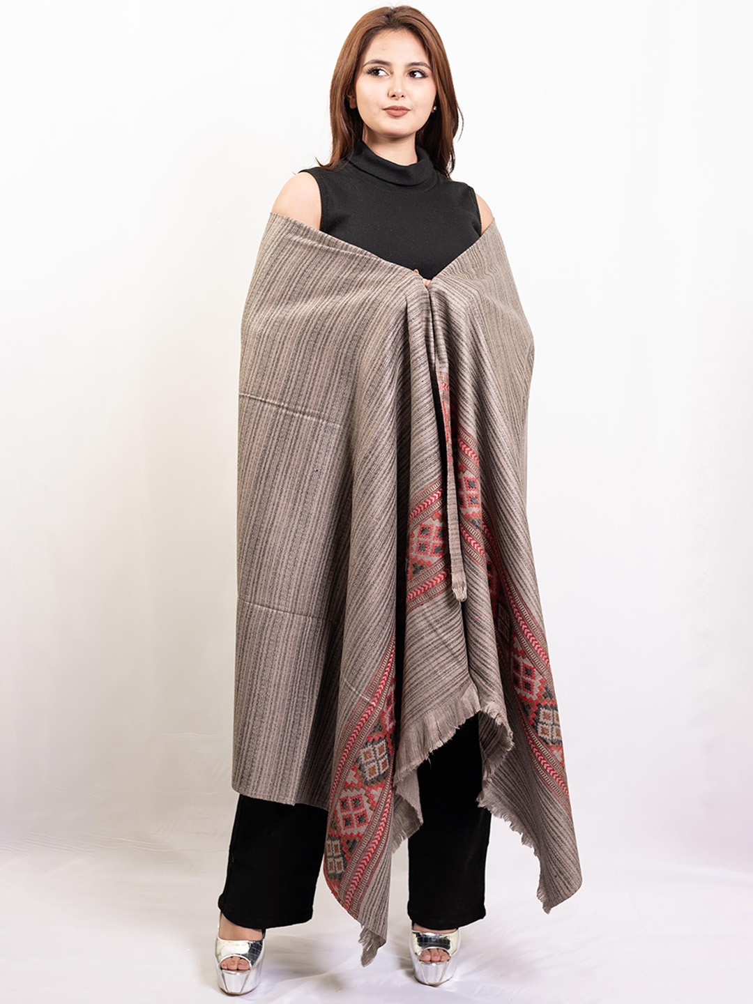 

PASHGIRI Striped Embroidered Pure Woollen Shawl, Grey