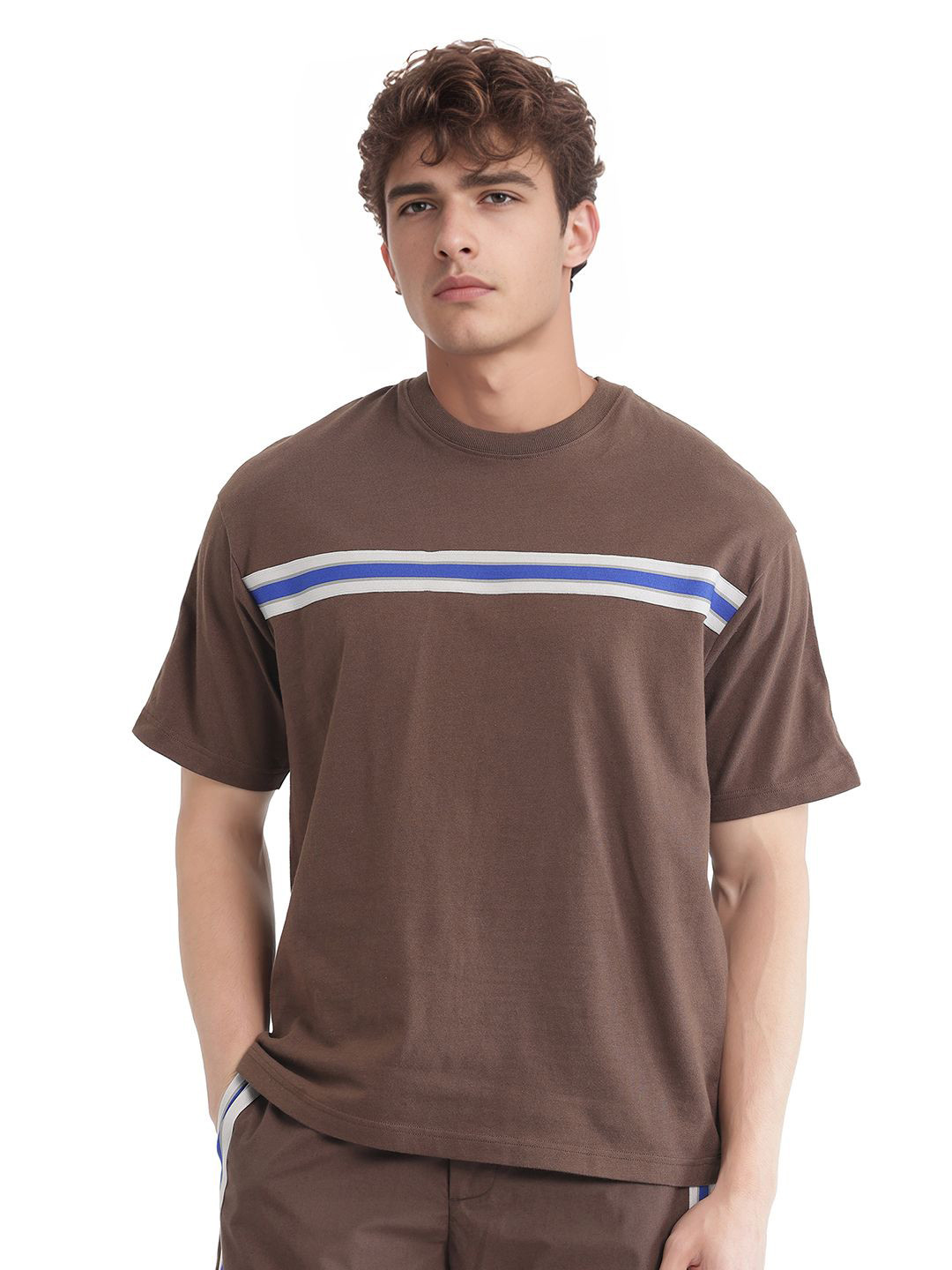 

RARE RABBIT Men Striped Round Neck Cotton Oversized T-shirt, Brown
