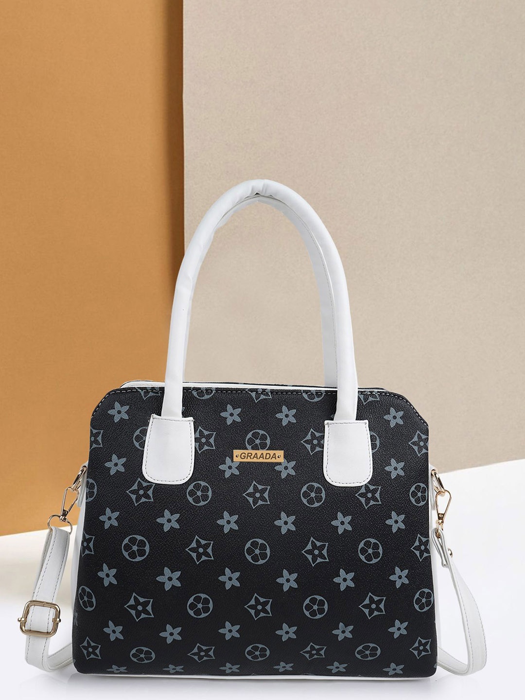 

GRAADA Women Floral Printed Structured Handheld Bag, Black
