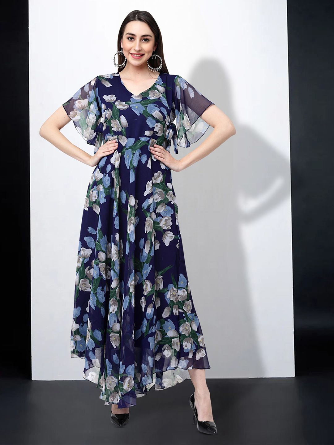 

MISS AYSE Women Floral Printed Cotton Applique Fit & Flare Dress, Navy blue