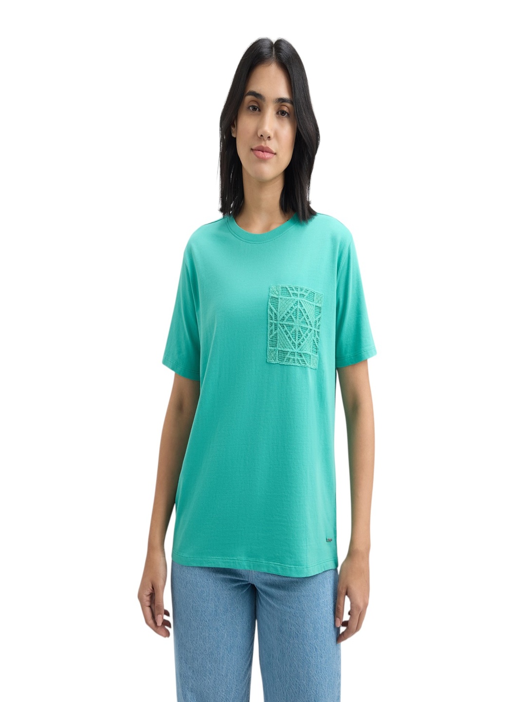 

Pepe Jeans Women Solid Round Neck Cotton T-shirt, Sea green