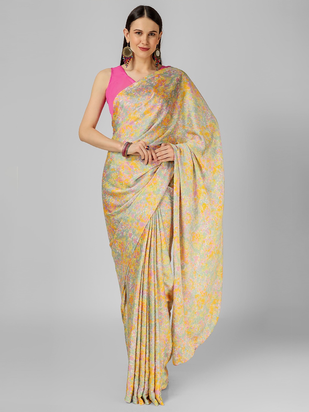

MISS HAUTE Floral Satin Saree, Yellow