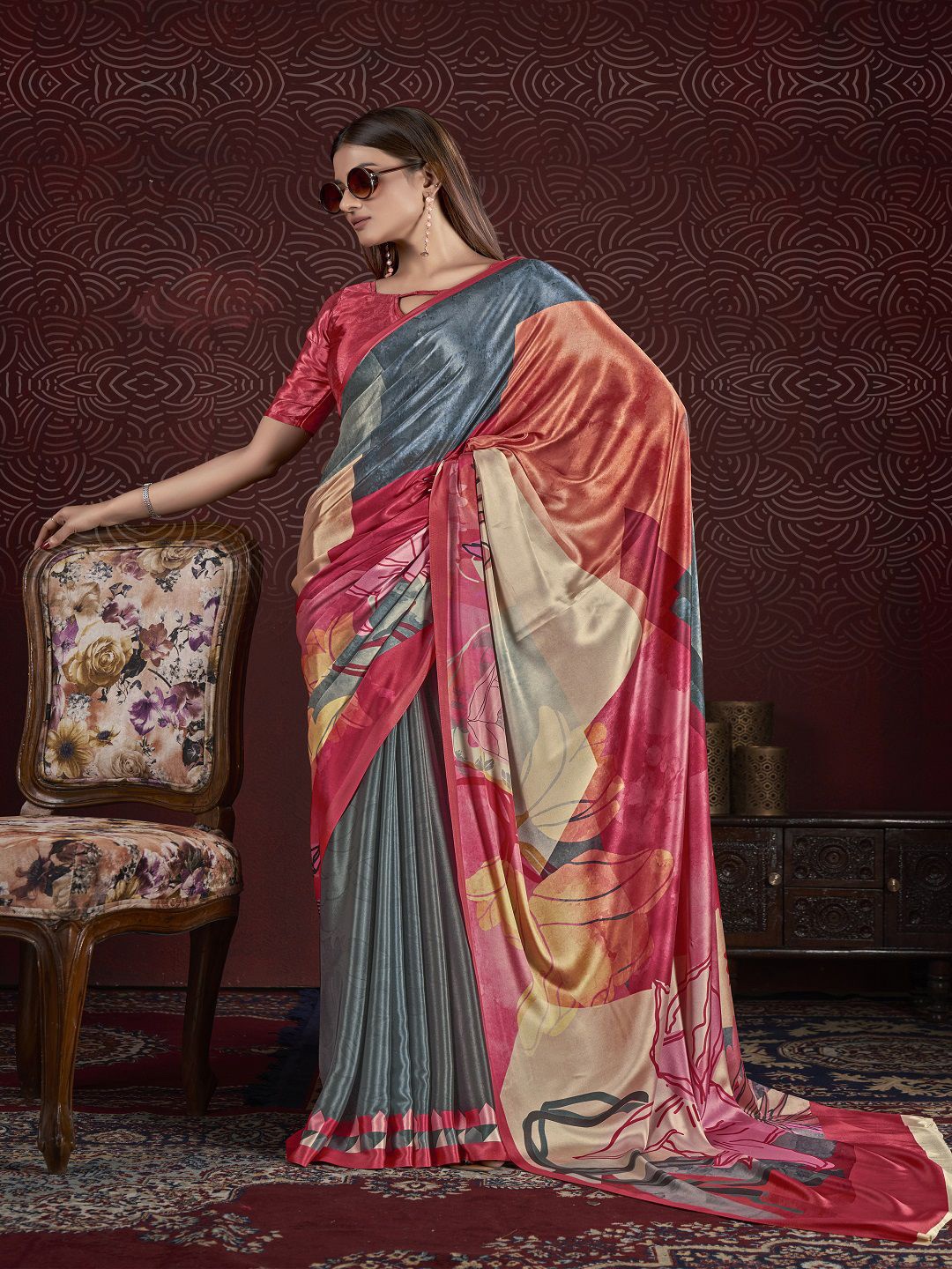 

Krimmple Floral Printed Mysore Silk Saree, Teal