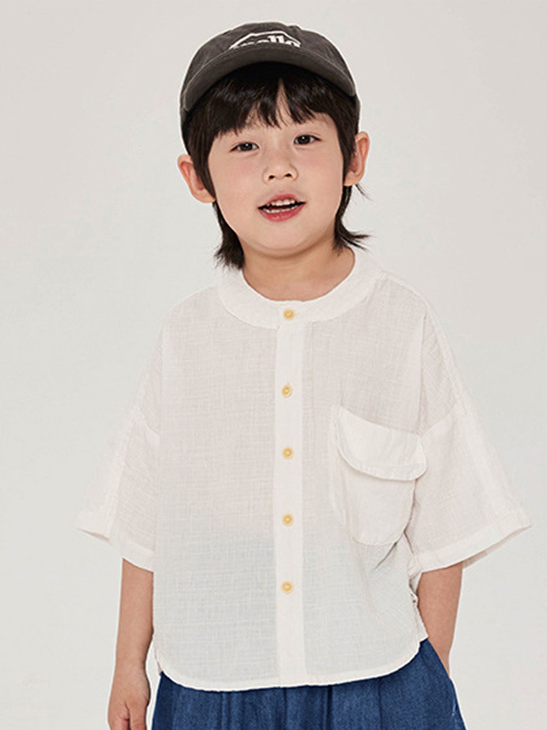 

LULU & SKY Boys Oversized Fit Band Collar Solid Organic Cotton Casual Shirt, White