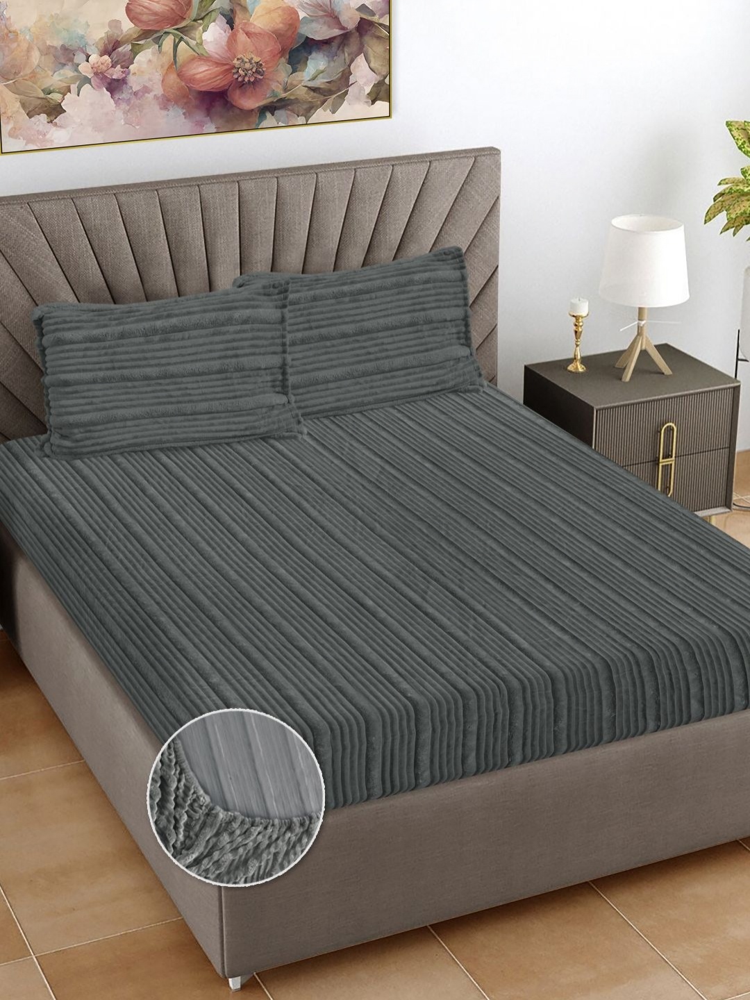 

FABINALIV Grey Striped 300 TC Woollen King Bedsheet Set 2.5m X 2.25m