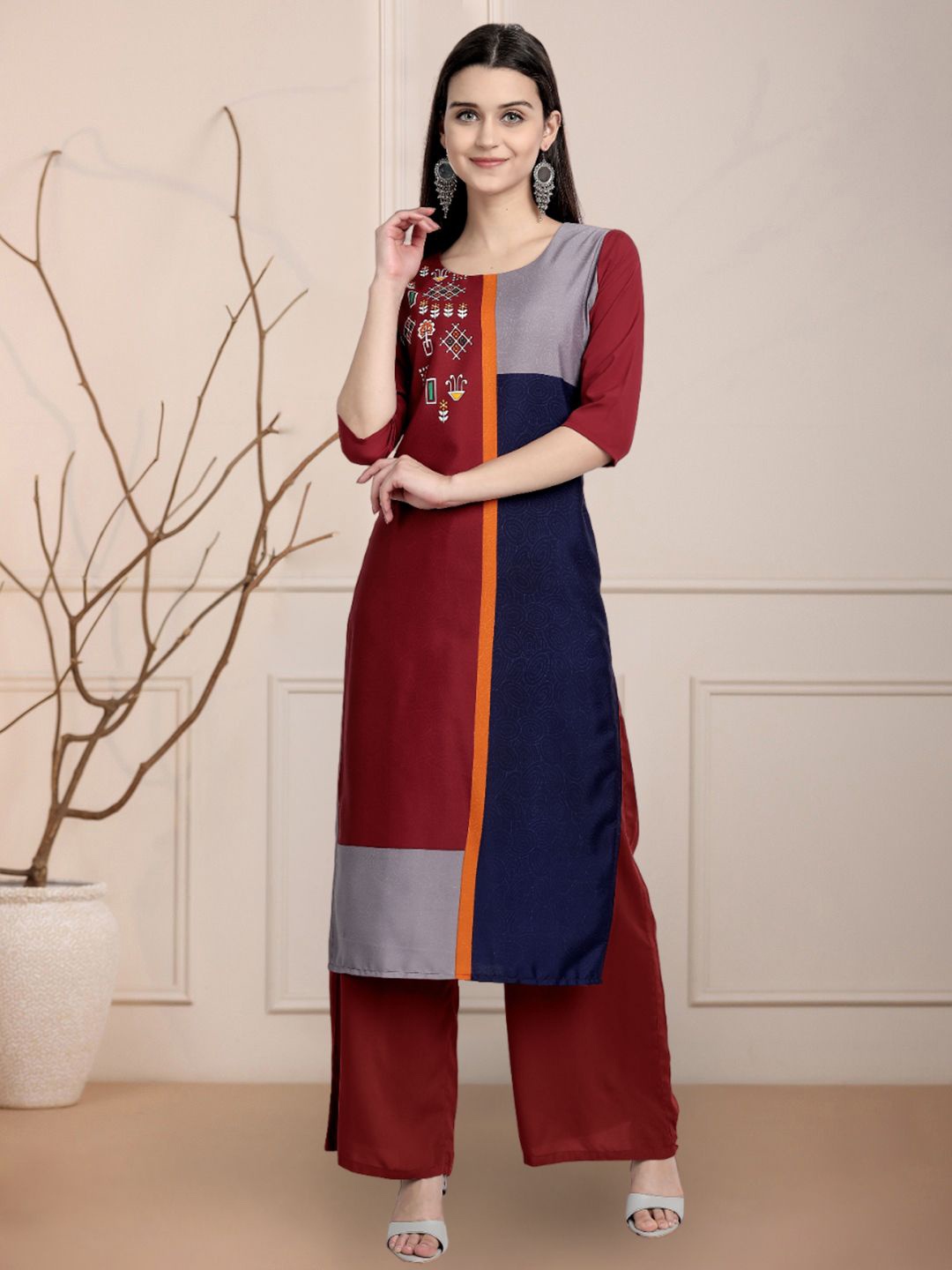 

Moda Rapido Geometric Printed Round Neck Straight Kurta, Maroon