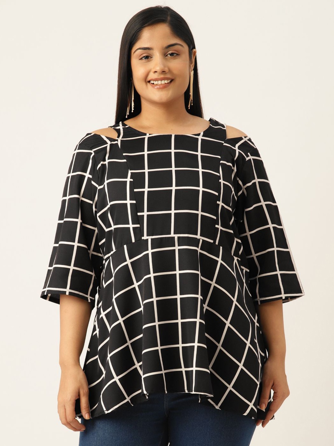 

theRebelinme Women Plus Size Checked Printed Cut Out Top, Black