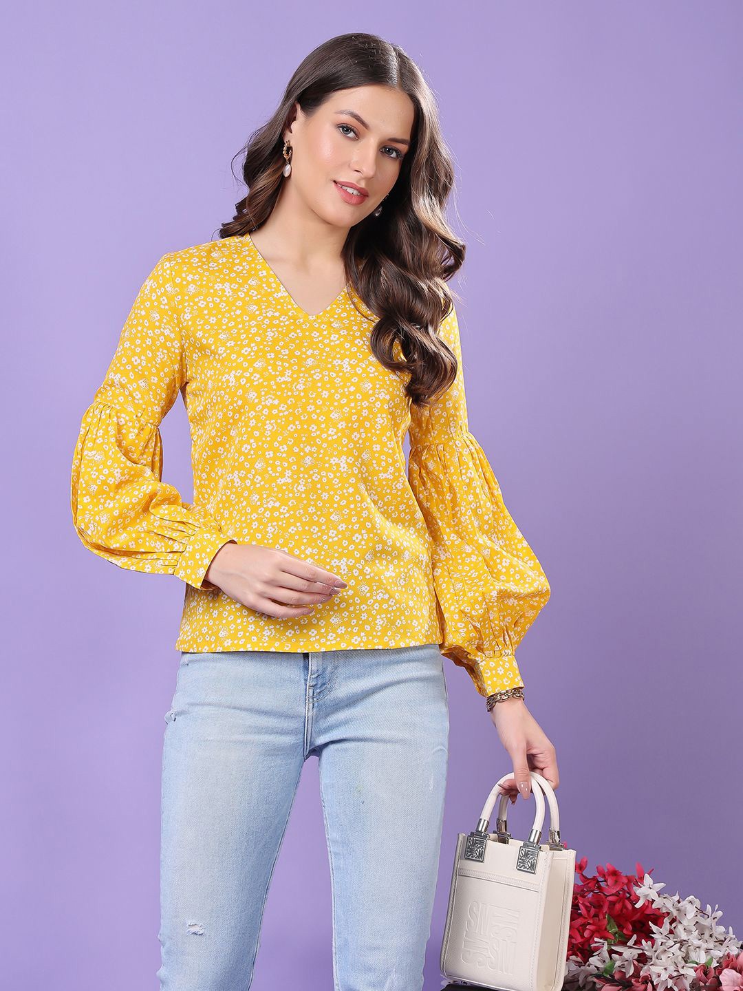 

Cation Women Floral Printed A-Line Top, Yellow