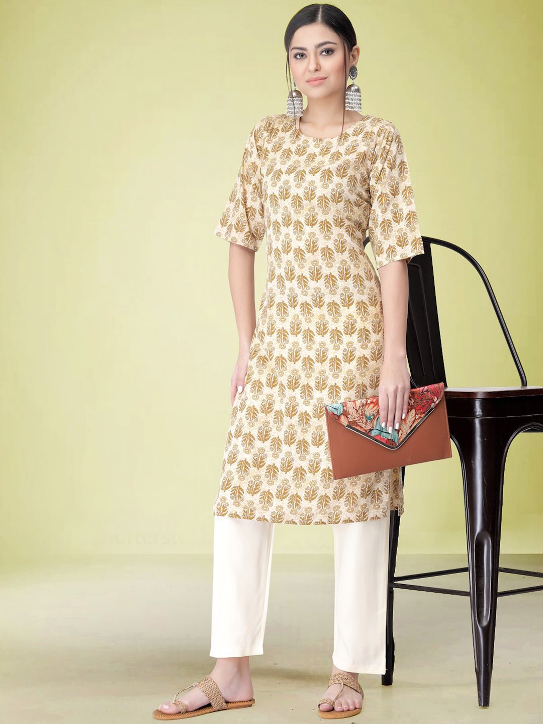 

Moda Rapido Floral Printed Round Neck Straight Kurta with Trousers, Beige