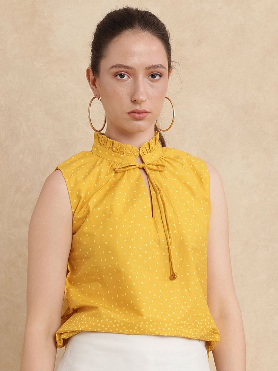 

RAREISM Polka Dot Print Cotton Top, Mustard