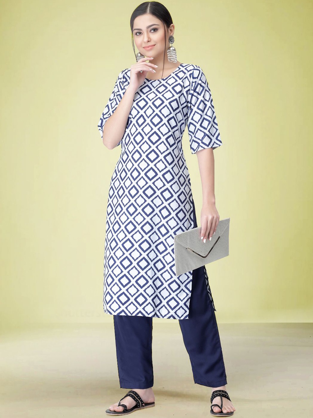

Moda Rapido Geometric Printed Round Neck Straight Kurta with Trouser, White