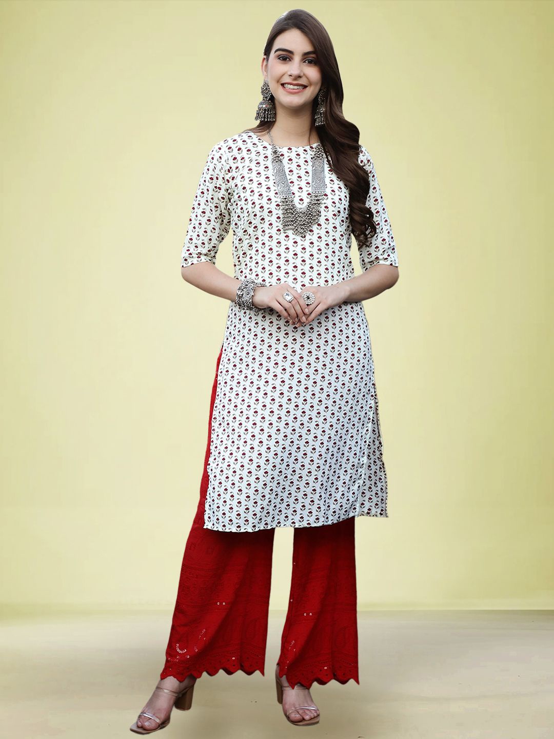 

Moda Rapido Floral Printed Round Neck Straight Kurta, Beige