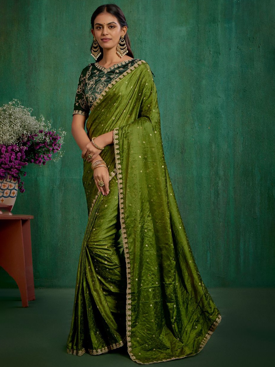 

TIRA Floral Zari Satin Ready to Wear Saree, Green