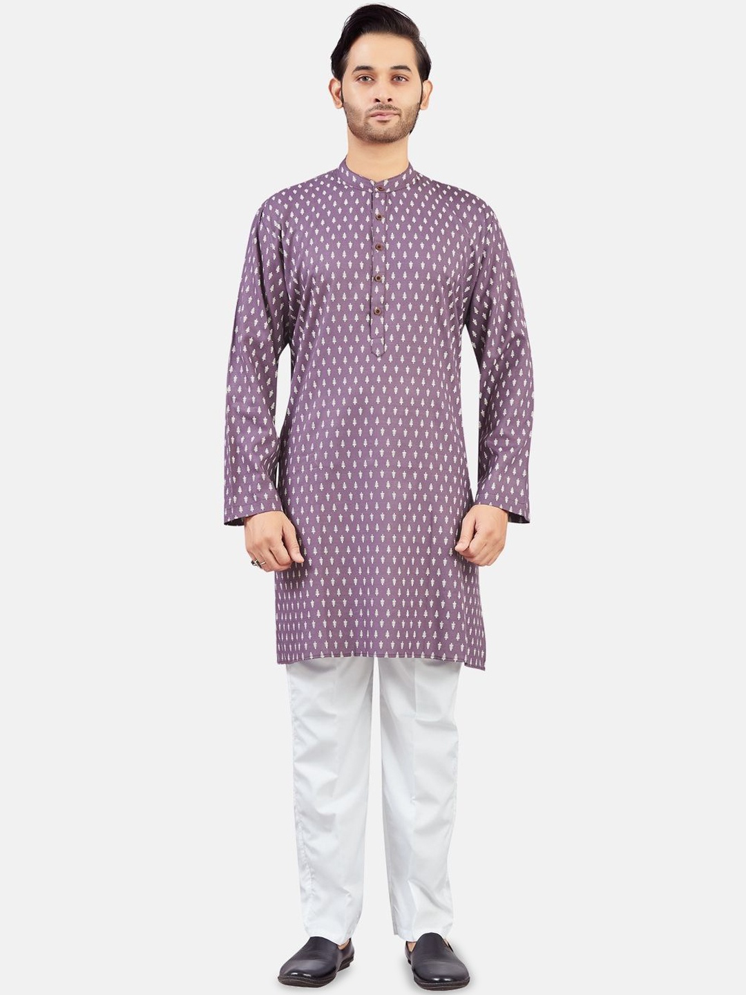 

Studio Shringaar Ethnic Motifs Printed Pure Cotton Band Collar Straight Kurta, Violet