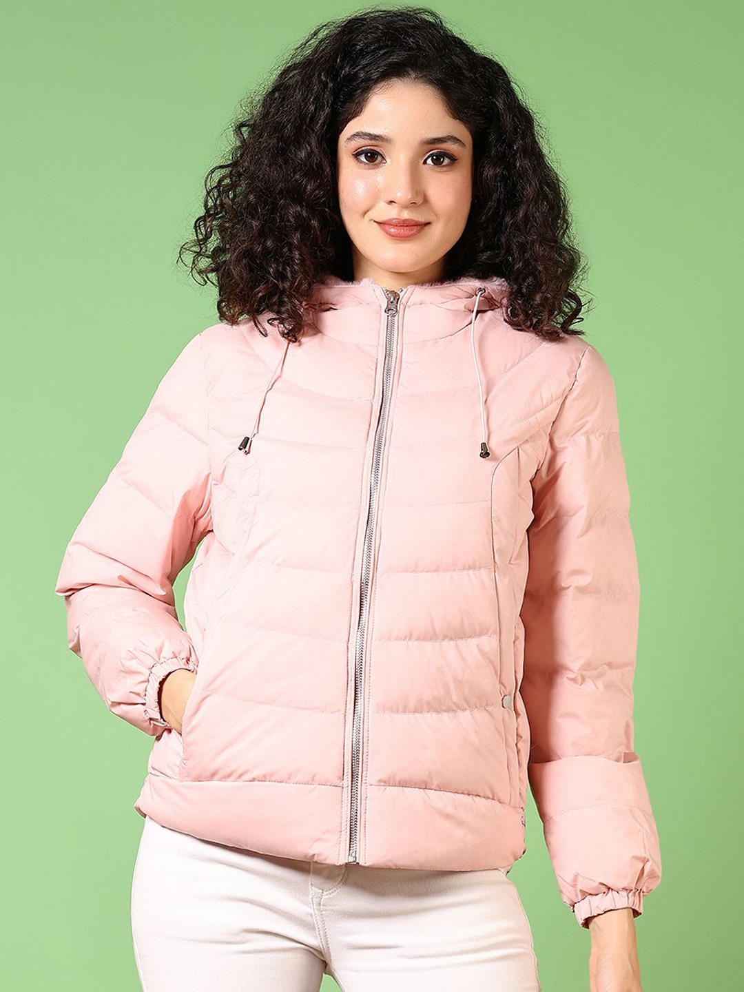 

V-Mart Women Hooded Solid Cotton Casual Quilted Jacket, Pink