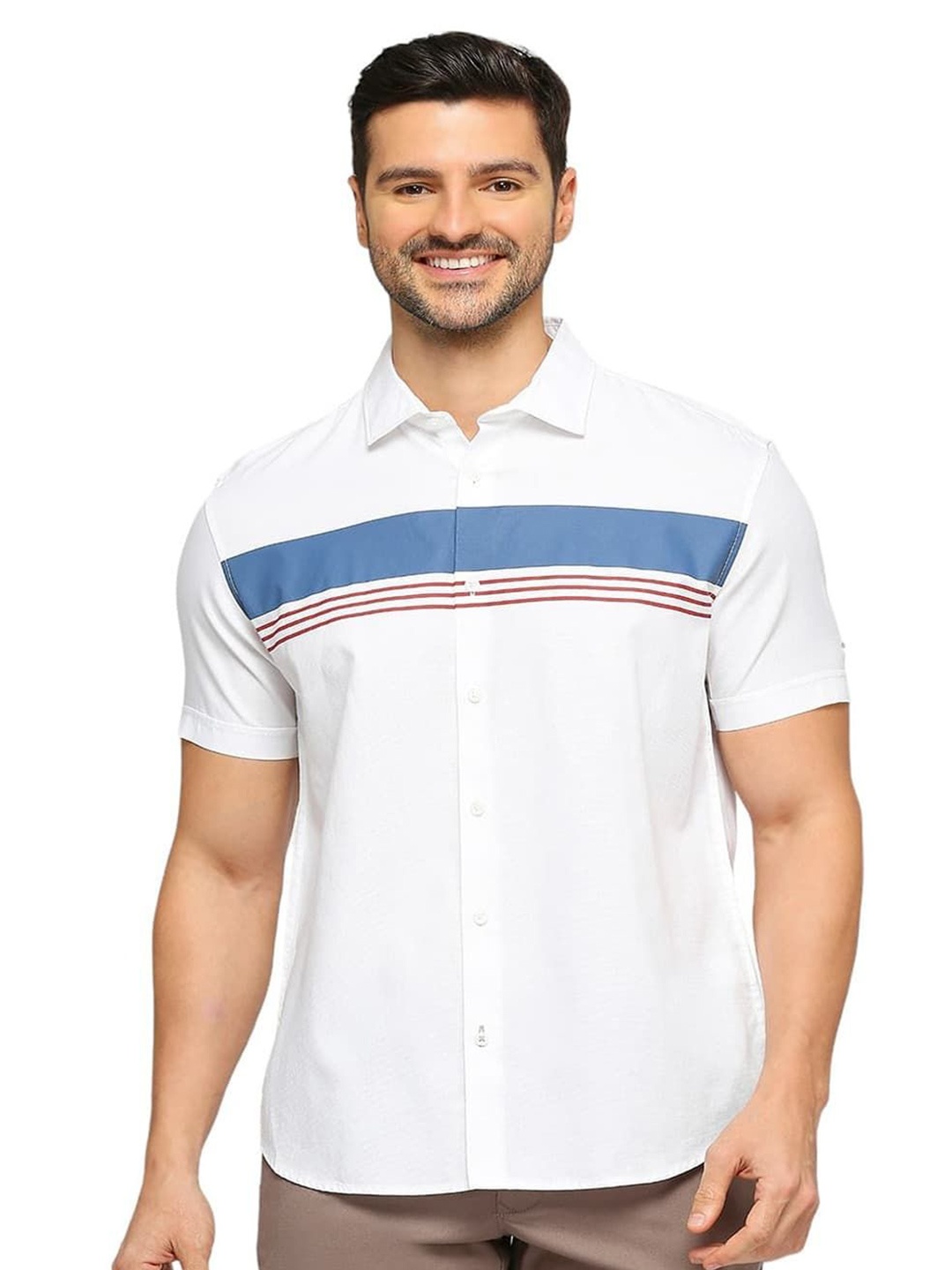 

Basics Men Slim Fit Spread Collar Horizontal Striped Cotton Casual Shirt, White