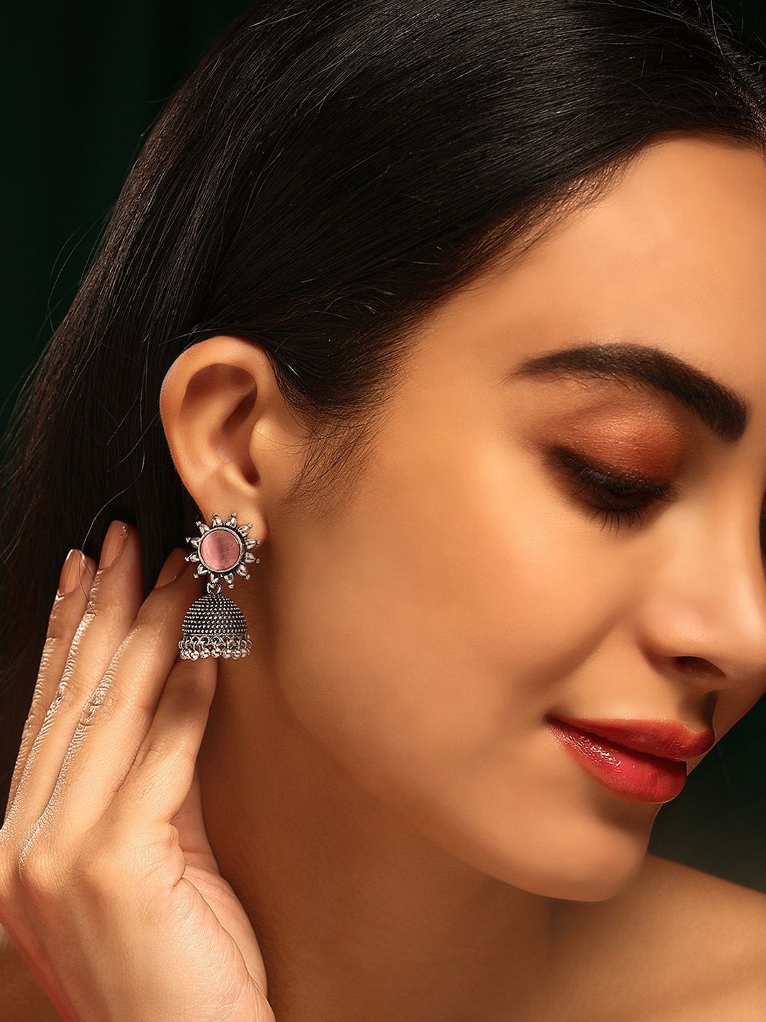 

Priyaasi Silver-Plated Quartz Stone Studded Oxidized Dome Shaped Jhumkas