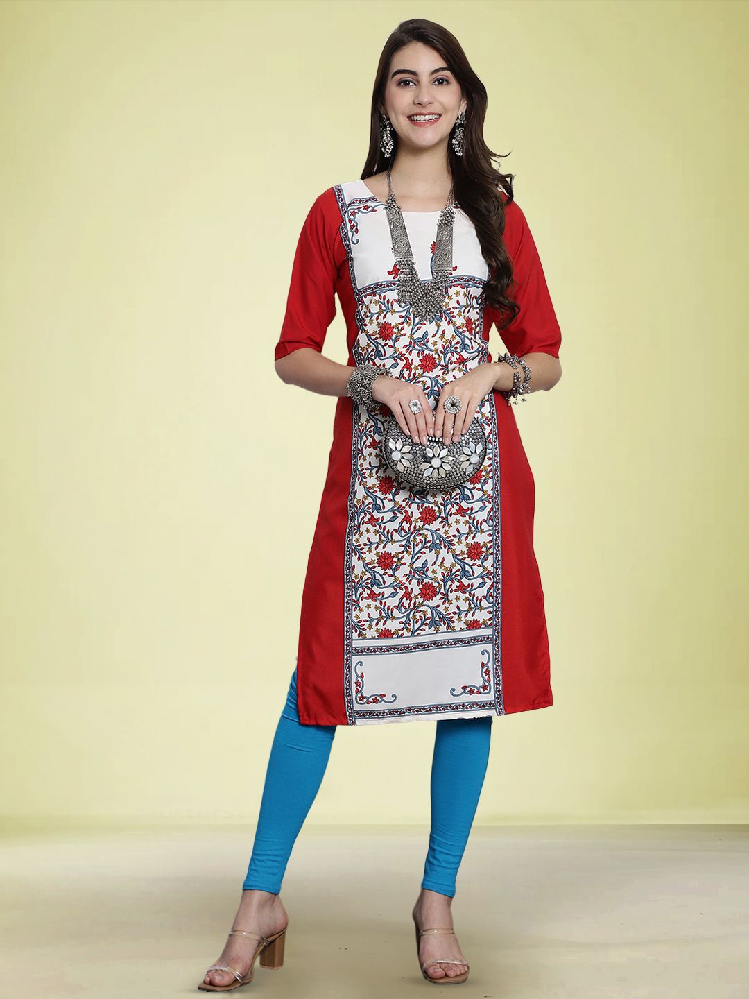 

Moda Rapido Floral Printed Round Neck Straight Kurta, Red