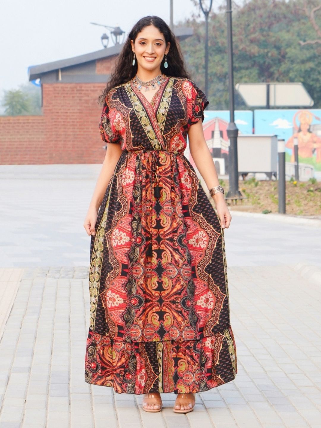 

Boholyfe Bohemian Print A-Line Maxi Dress, Red