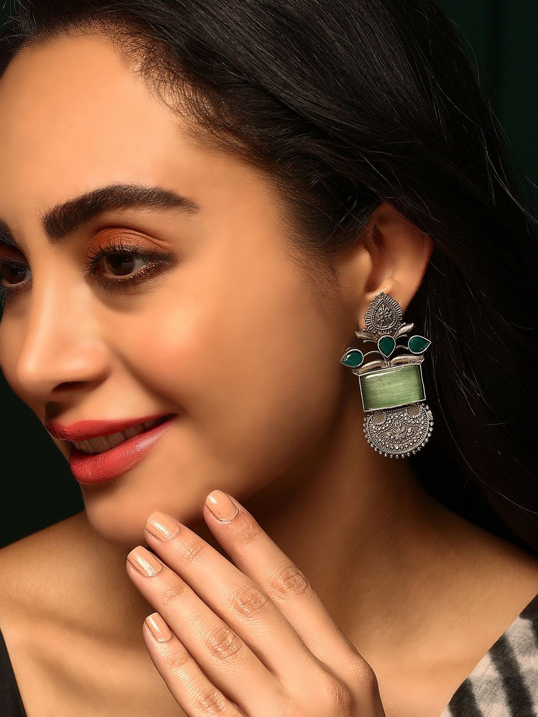 

Priyaasi Silver Plated Green Onyx Stone Studded Oxidized Chandbali