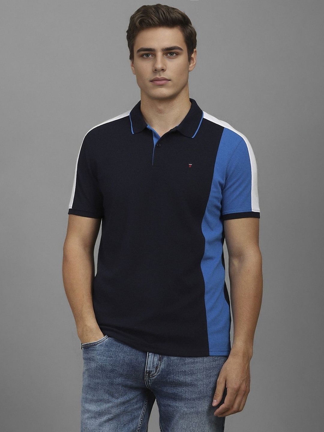 

Louis Philippe Sport Men Colourblocked Polo Collar Slim Fit T-shirt, Navy blue
