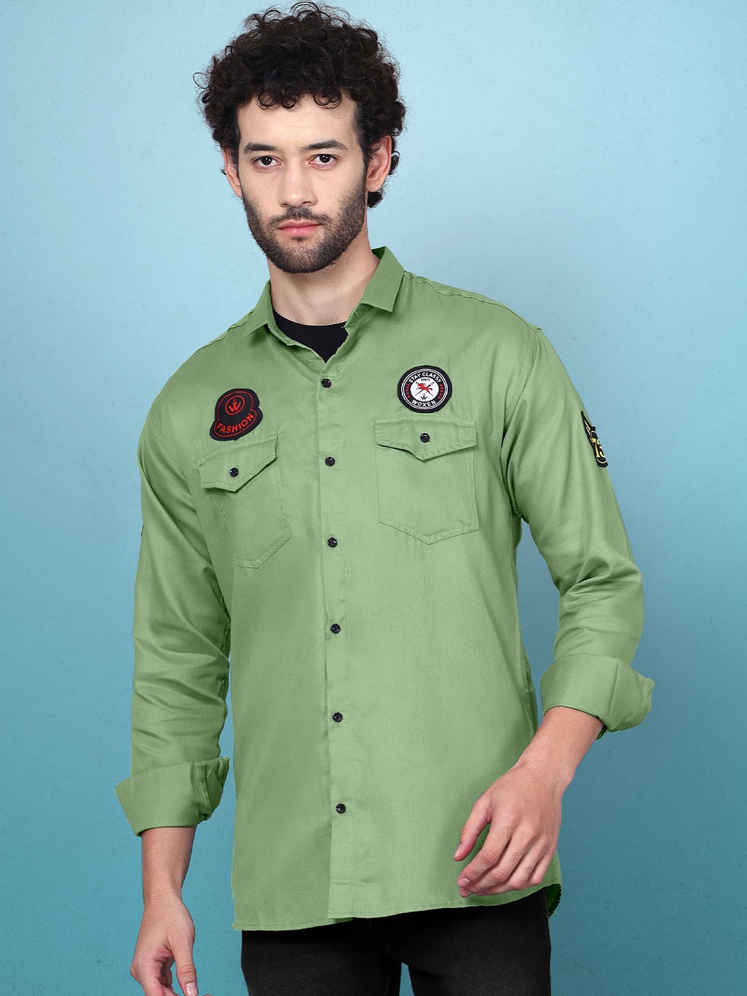 

WOXEN Men Original Fit Spread Collar Solid Cotton Casual Shirt, Green