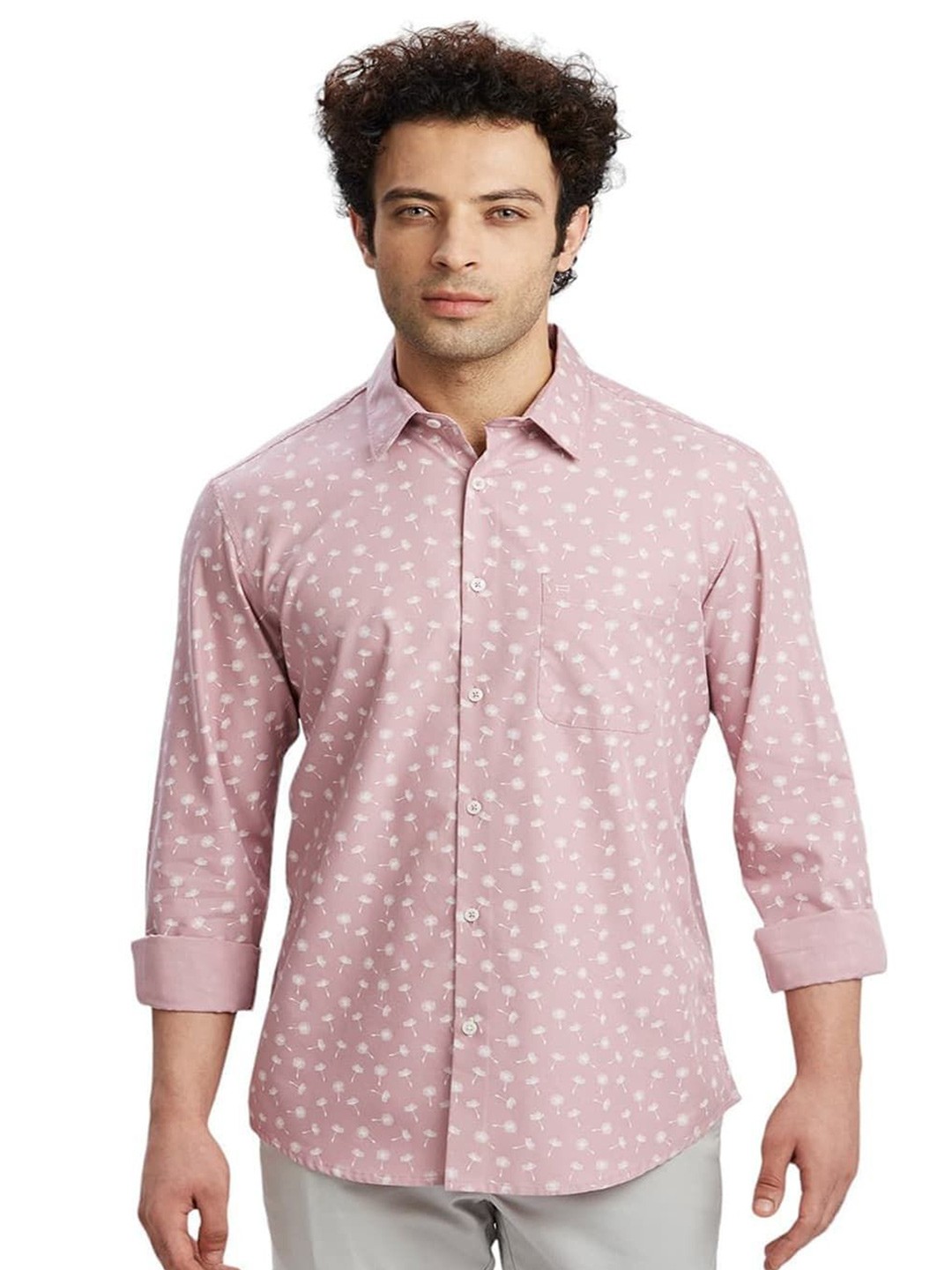

Basics Men Slim Fit Spread Collar Floral Printed Cotton Casual Shirt, Pink