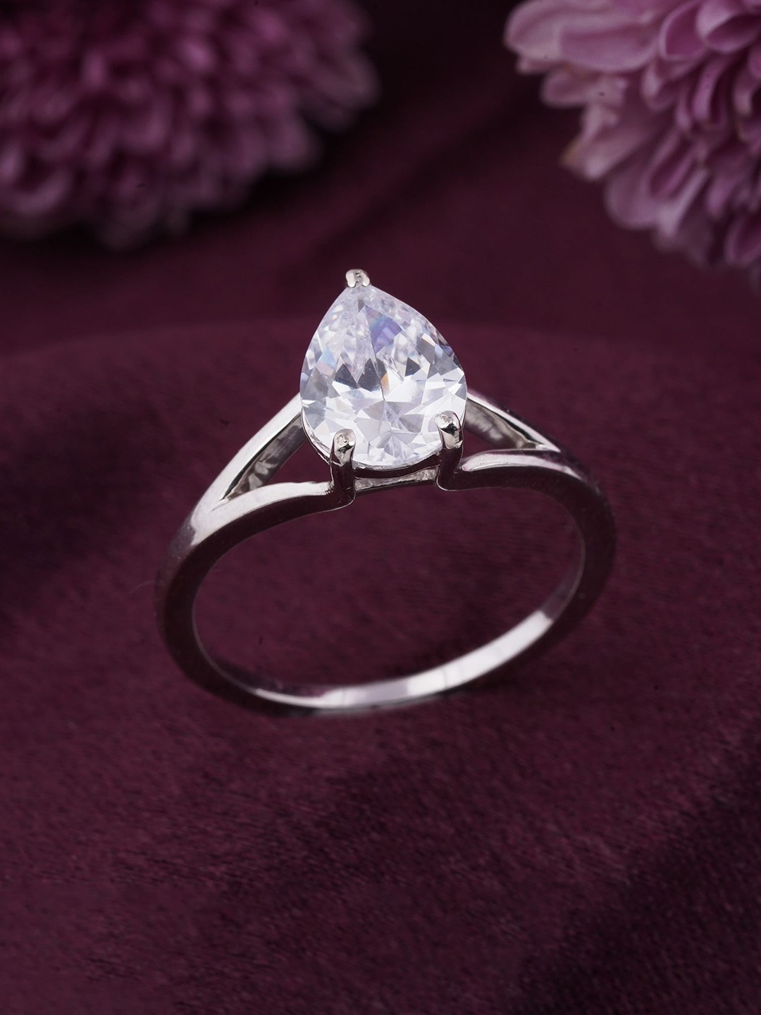 

Zalkari Pear Shank 925 Sterling Silver Plated Cubic Zirconia Studded Finger Ring