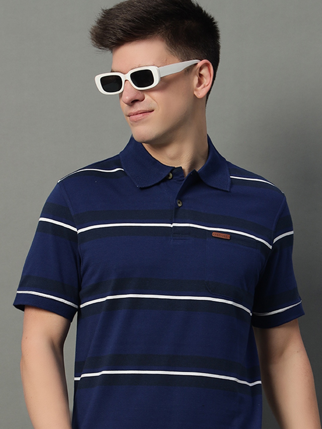 

GET GOLF Men Striped Polo Collar Cotton T-shirt, Navy blue