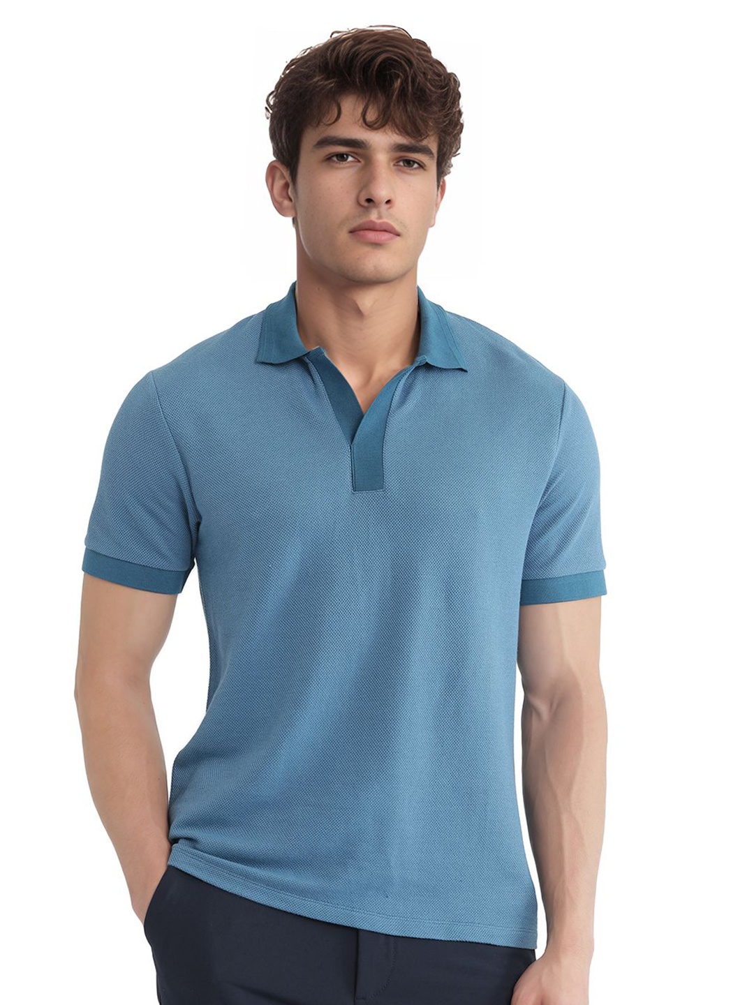 

RARE RABBIT Men Solid Polo Collar Cotton T-shirt, Teal