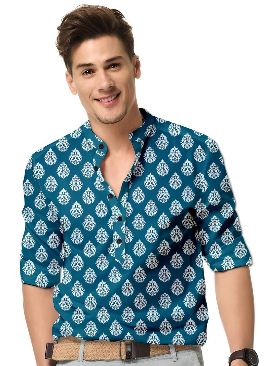 

ISUEL FAB Men Ethnic Motifs Printed India Slim Fit Casual Shirt, Teal