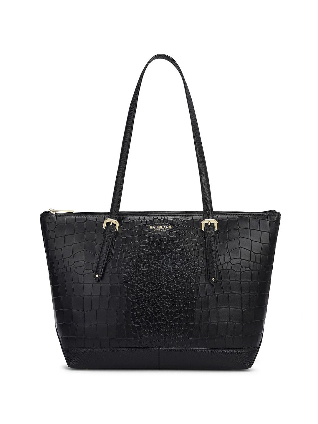 

Da Milano Animal Textured Leather Shopper Tote Bag with Cut Work, Black