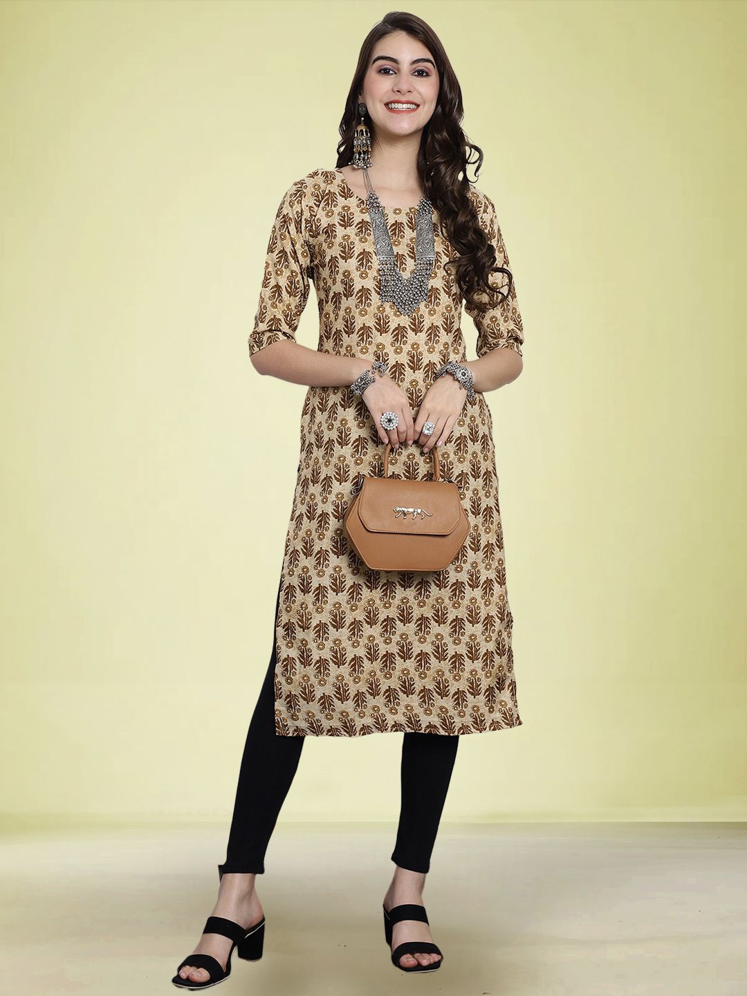 

Moda Rapido Floral Printed Round Neck Straight Kurta, Beige