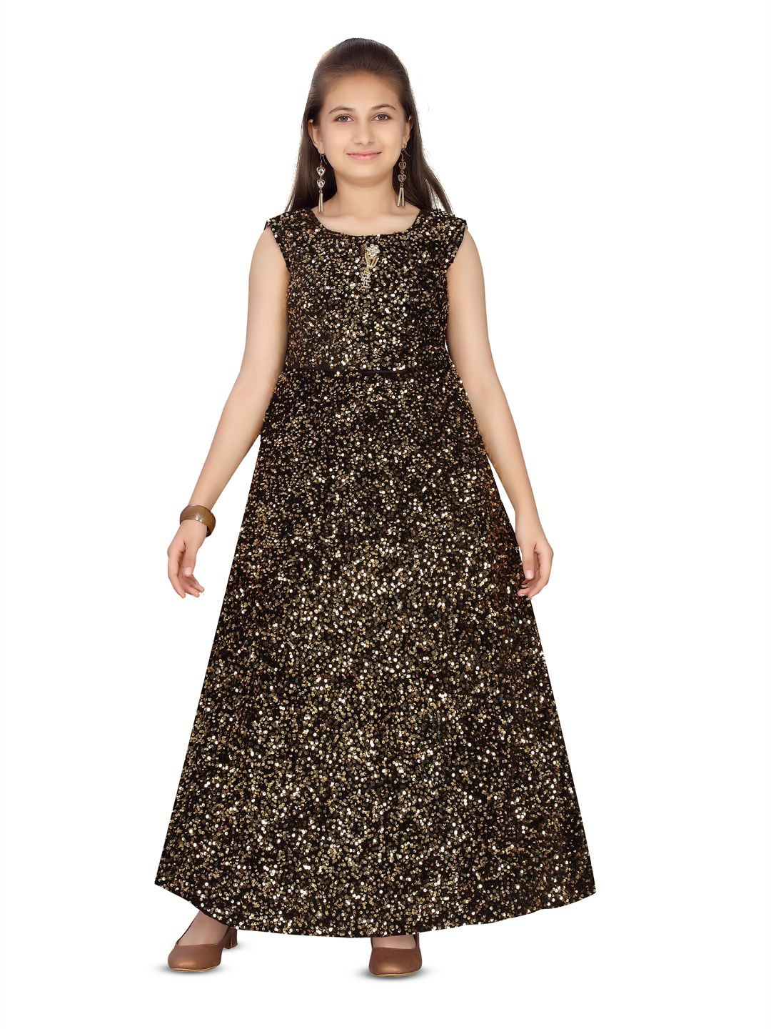 

YK Girls Embellished Sequined Velvet Maxi A-Line Dress, Black