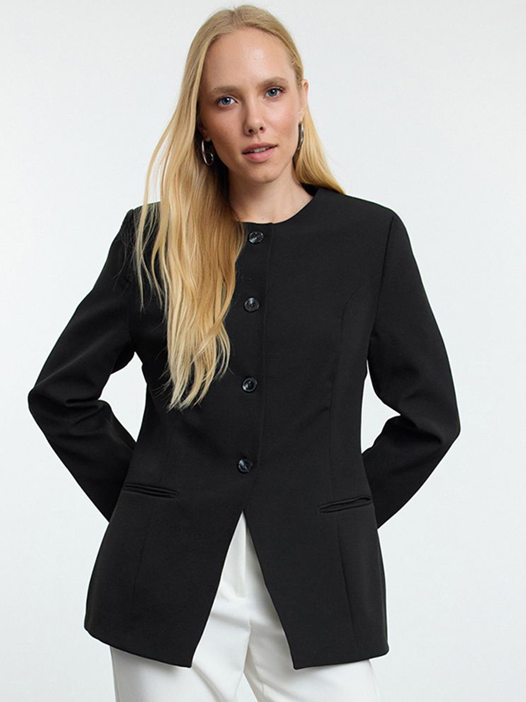 

Trendyol Women Collarless Solid Casual Tailored Jacket, Black