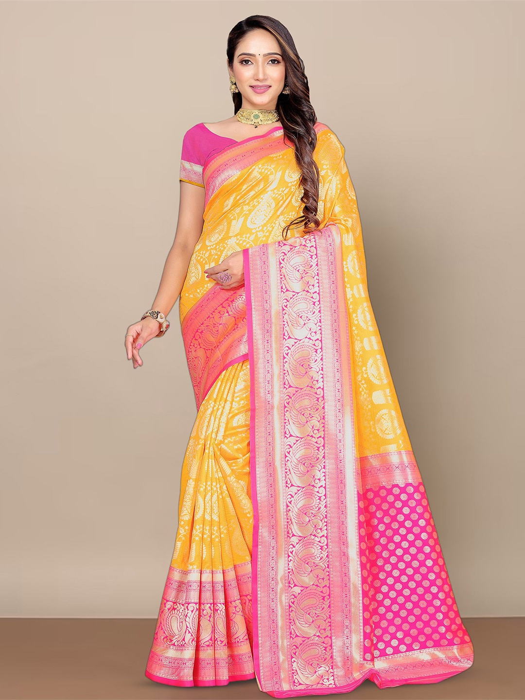 

bigben textile Woven Design Zari Banarasi Saree, Yellow
