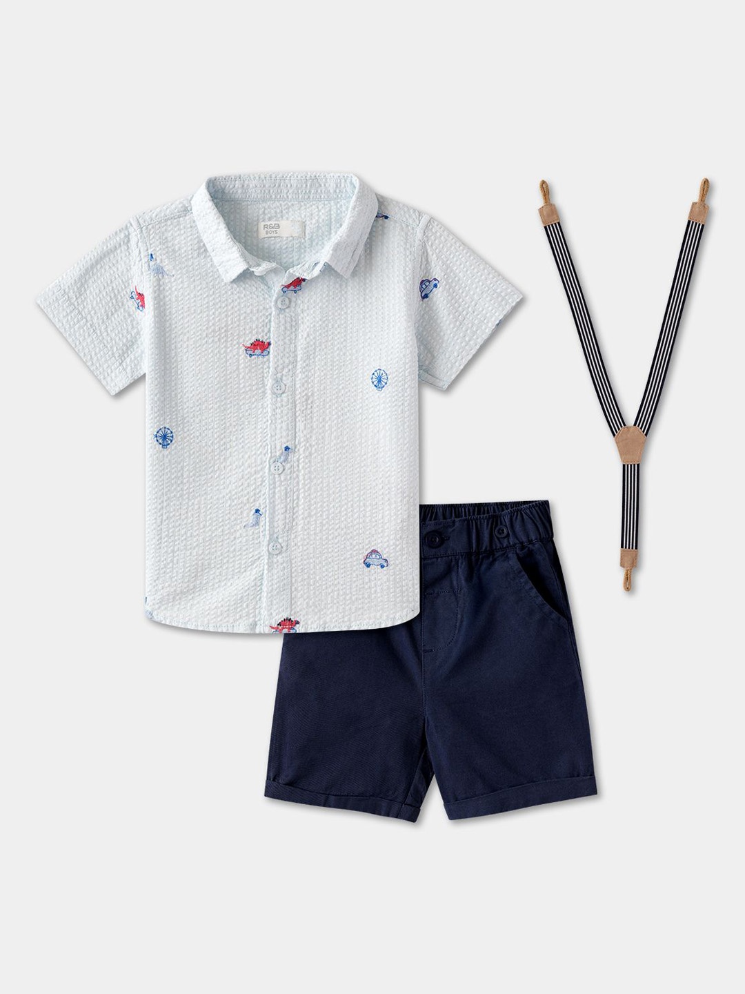 

R&B Boys Printed Shrit Collar Pure Cotton Shirt And Shorts, White