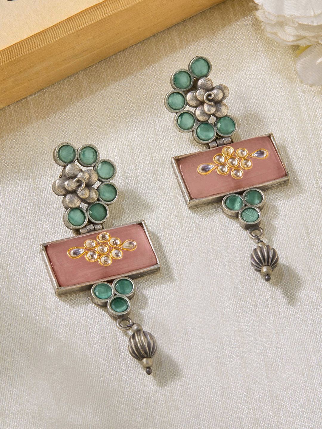 

Priyaasi Silver Plated Contemporary Oxidized Kundan Stone Studded Drop Earrings, Pink