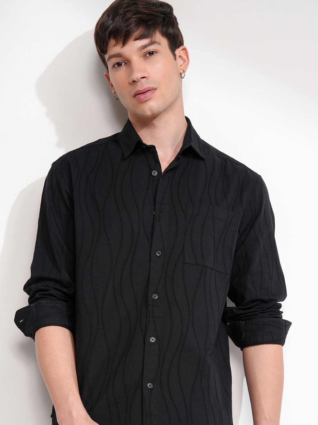 

HIGHLANDER Men Jacquard Textured Casual Relaxed Shirt, Black