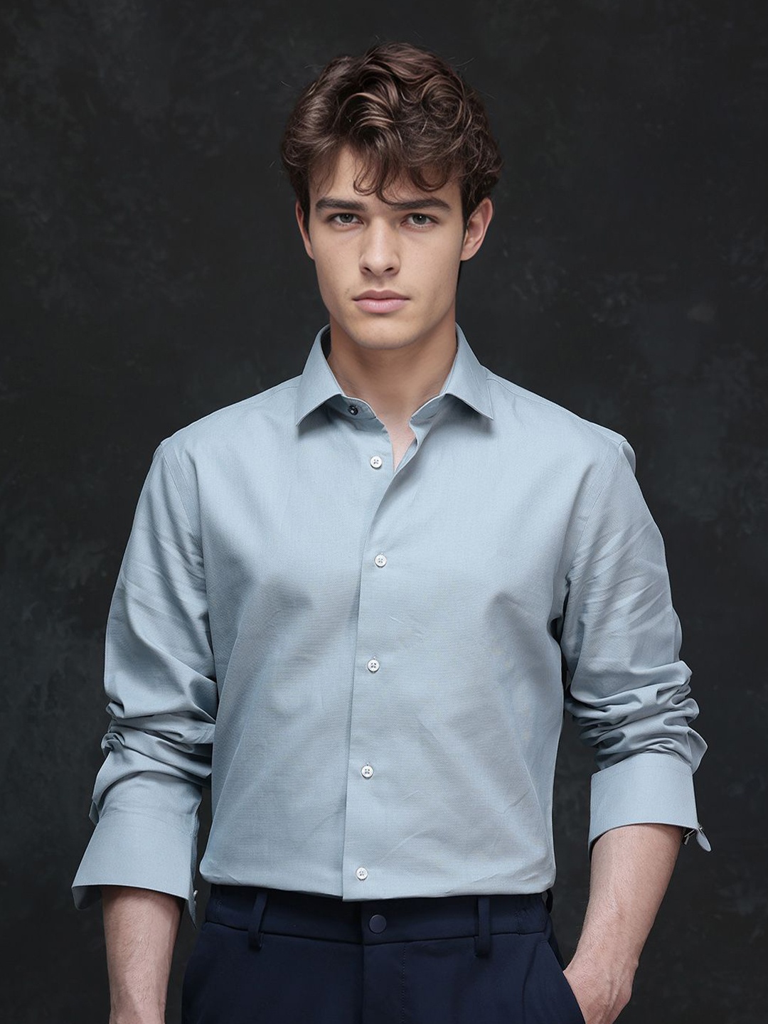 

RARE RABBIT Men Comfort Slim Fit Spread Collar Solid Cotton Formal Shirt, Blue