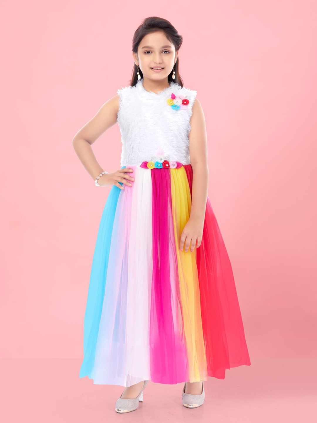 

YK Girls Colourblocked Net Fit & Flare Maxi Dress, White