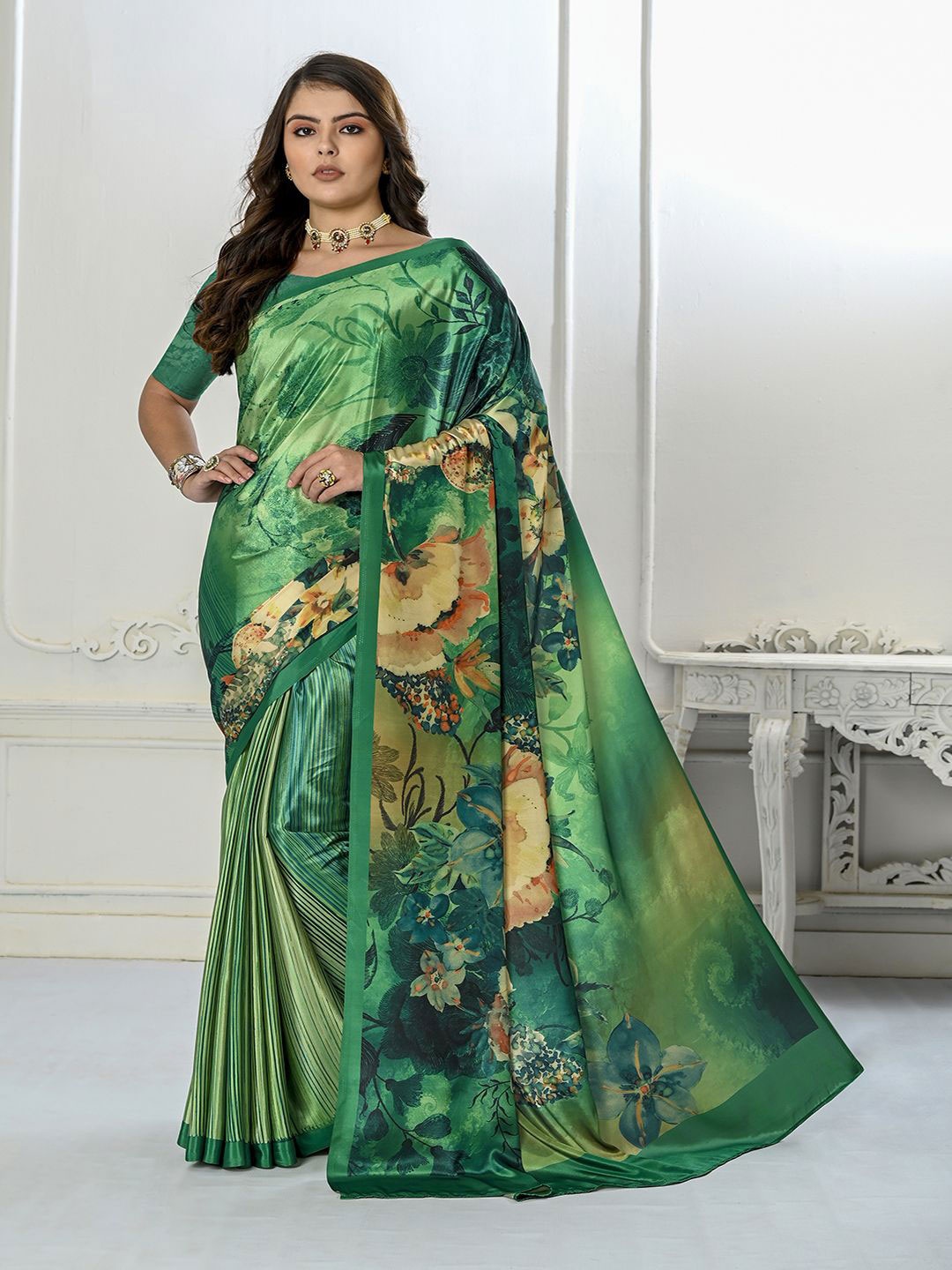 

Krimmple Floral Printed Mysore Silk Saree, Green