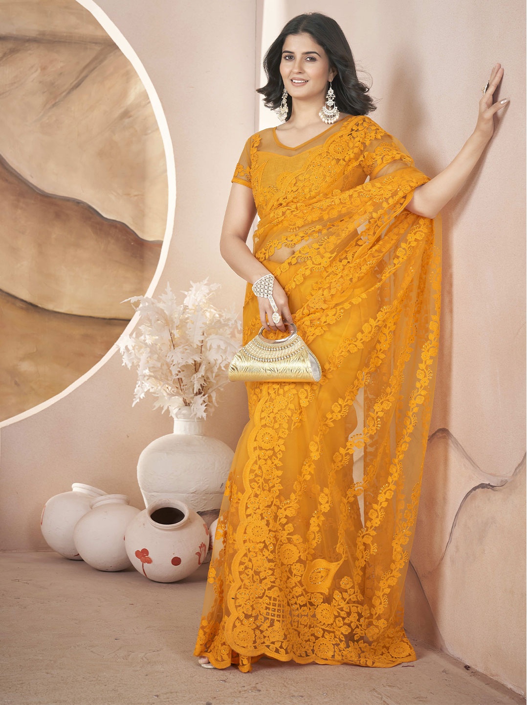 

Munir Floral Beads and Stones Net Saree, Yellow