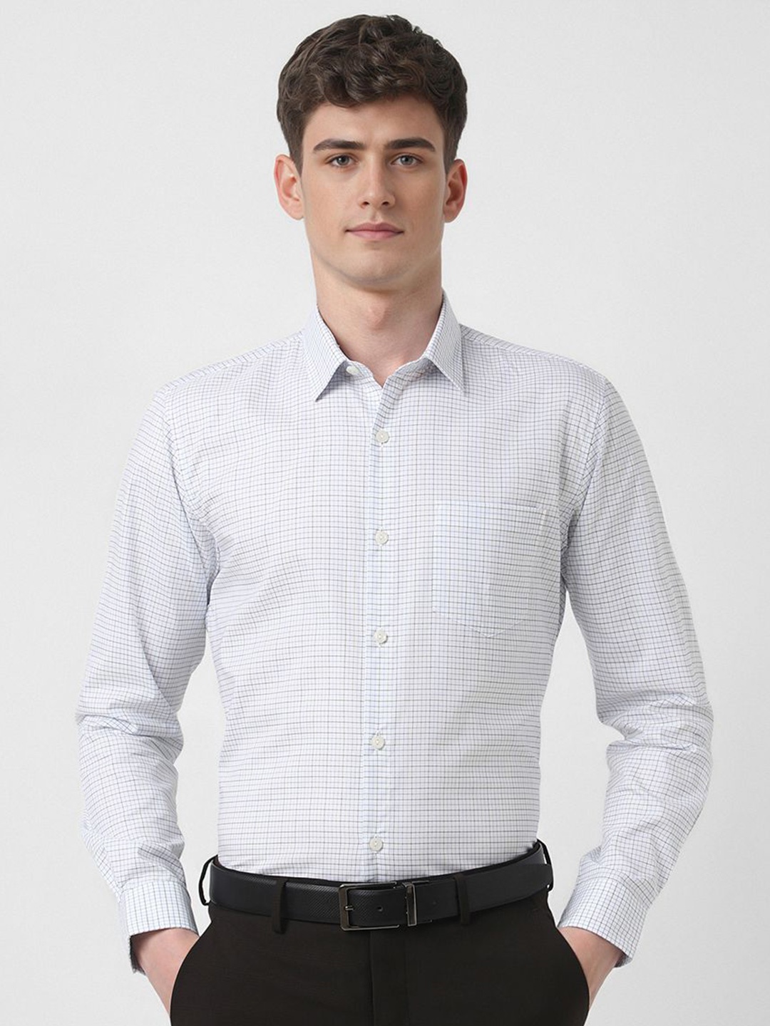 

Peter England Men Slim Fit Spread Collar Grid Tattersall Checked Cotton Formal Shirt, White